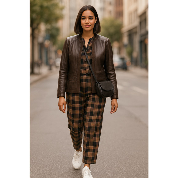 Tahari Woman 100% Leather Jacket Brown Suede Trim Open Front Pockets Boho Chic L - Picture 1 of 16